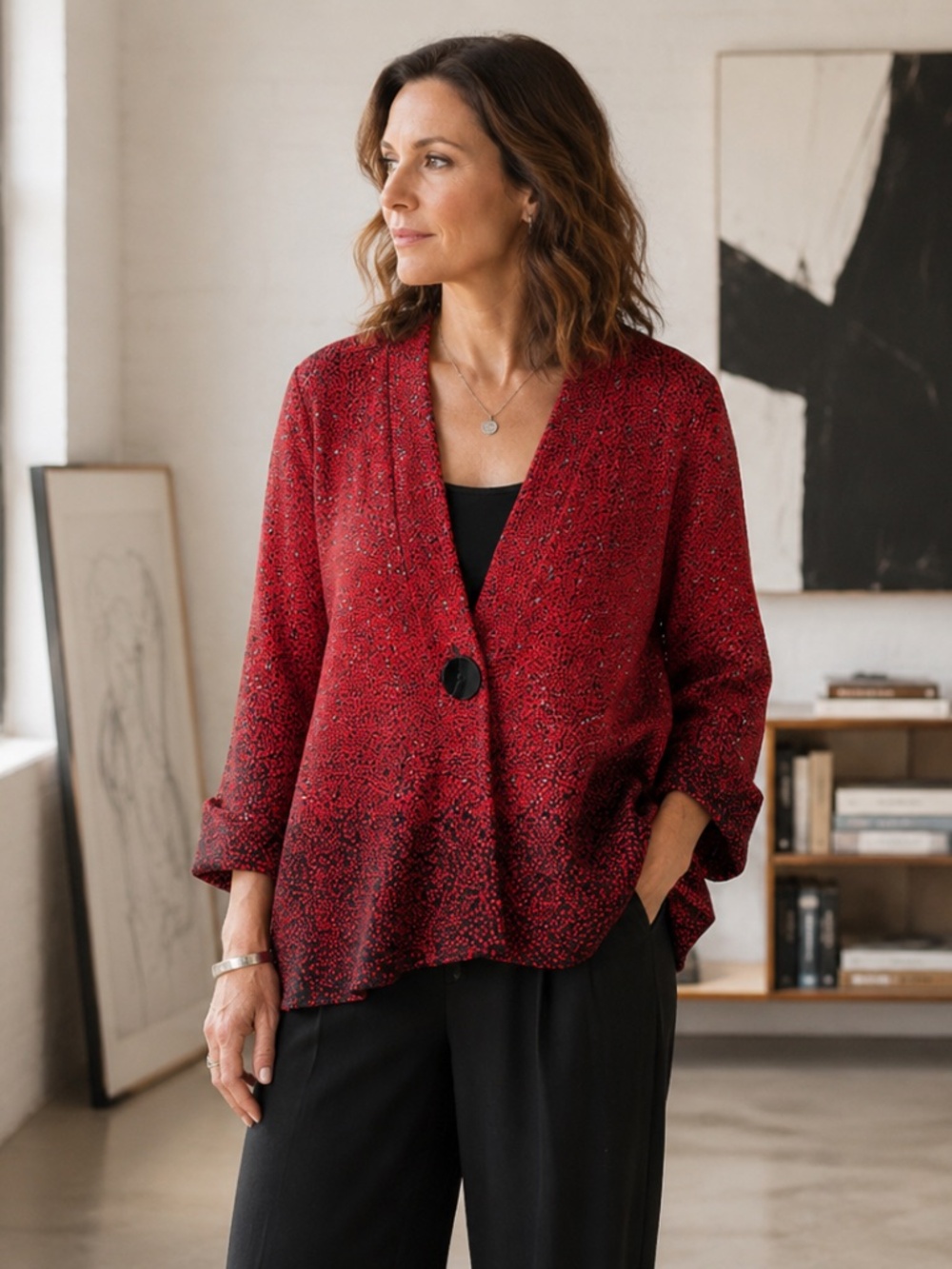 Ali Miles Art To Wear Red Black Lagenlook Cardigan Jacket Plus 1X